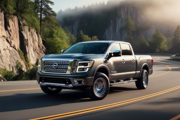 A sleek, metallic grey Nissan Titan Crew Cab​ 2024